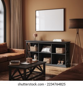 Frame mockup in home interior with decoration, living room in brown warm color, 3d render
