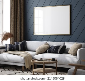 Frame Mockup In Home Interior, Living Room In Dark Blue Color, 3d Render