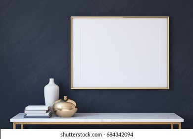 Frame Mockup. Interior With Large Horizontal Frame On Dark Blue Wall. 3d Render.