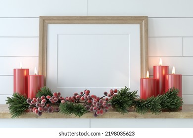 Frame Mockup. Interior With The Wooden Horizontal Frame Near The White Shiplap Wall. Christmas Decor. 3d Render.