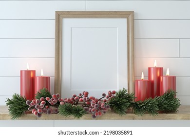 Frame Mockup. Interior With The Wooden Vertical Frame Near The White Shiplap Wall. Christmas Decor. 3d Render.