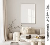 Frame mockup, ISO A paper size. Living room wall poster mockup. Interior mockup with house background. Modern interior design. 3D render
