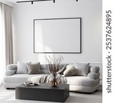 Frame mockup, ISO A paper size. Living room wall poster mockup. Interior mockup with house background. Modern interior design. 3D render
