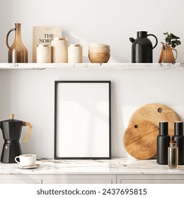 Frame mockup, ISO A paper size. Kitchen wall poster mockup. Interior mockup with house background. Modern interior design. 3D render
