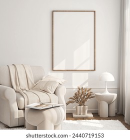 Frame mockup, ISO A paper size. Living room wall poster mockup. Interior mockup with house background. Modern interior design. 3D render
