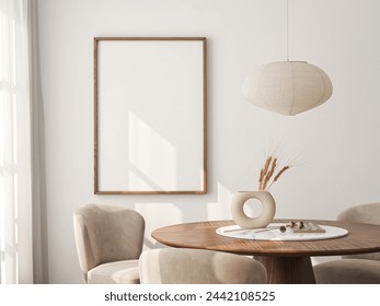 Frame mockup, ISO A paper size. Living room wall poster mockup. Interior mockup with house background. Modern interior design. 3D render