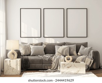 Frame mockup, ISO A paper size. Living room wall poster mockup. Interior mockup with house background. Modern interior design. 3D render
