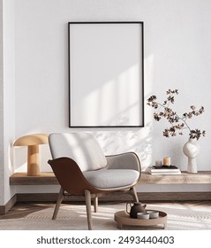 Frame mockup, ISO A paper size. Living room wall poster mockup. Interior mockup with house background. Modern interior design. 3D render
