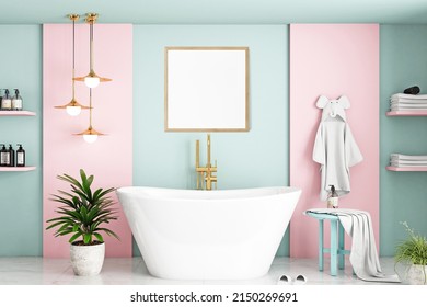 Frame Mockup Kids Bathroom And Gold Frame, 3D Rendering