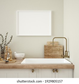 Frame mockup in kitchen interior background, Farmhouse style, 3d render