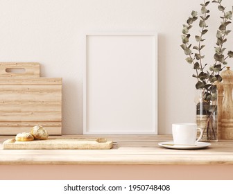 Frame Mockup In Kitchen Interior Background, Farmhouse Style, 3d Render