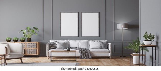 Frame mockup in living room interior , white sofa, armchair, lots of fresh plants and wooden coffee table, empty dark classic gray wall, panorama, 3d render, 3d illustration
