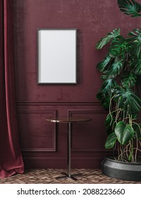 Frame Mockup In Luxury Dark Red Living Room Interior Background, 3d Render