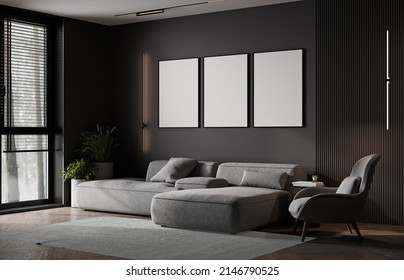 Frame Mockup In Luxury Modern Dark Living Room Interior, Empty Wall Mock Up, 3d Render