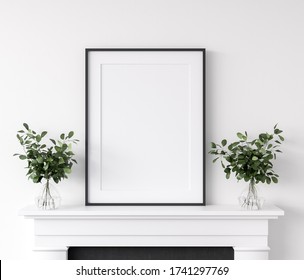 Frame mockup with plants standing on fireplace, white living room interior, 3d render