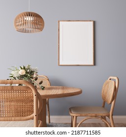 Frame Mockup In Scandinavian Wooden Dining Room, Minimal Bright Design On Beige Interior Background, 3d Render, 3d Illustration