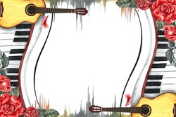 The Frame Is Musical With Guitars, Piano Keys, Roses And A Frequency Sound Signal. The Watercolor Illustration Is Hand-drawn. For Posters, Flyers And Invitation Cards. For Greeting Cards, Certificate