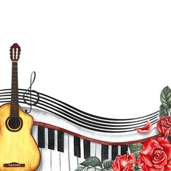 The Frame Is Musical With Guitars, Piano Keys, Roses And Musical Strings. The Watercolor Illustration Is Hand-drawn. For Posters, Flyers And Invitation Cards. For Greeting Cards And Certificates.