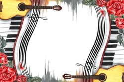 The Frame Is Musical With Guitars, Piano Keys, Roses And Musical Strings. The Watercolor Illustration Is Hand-drawn. For Posters, Flyers And Invitation Cards. For Greeting Cards And Certificates.