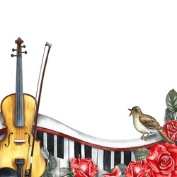 The Frame Is Musical With A Violin, Piano Keys, Roses And A Nightingale. The Watercolor Illustration Is Hand-drawn. For Posters, Flyers And Invitation Cards. For Greeting Cards And Certificates.