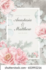 Frame pink peonies wedding invitation. Raster watercolor floral card hand drawn illustration. Flowers, ginkgo leaves and dusty miller frame template. Ideal for greeting card or save the date