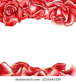 A frame with red roses and rose petals. Hand-made watercolor illustration. Flower card design. Wedding invitation, elegant greeting card. For packaging, posters and flyers. - Powered by Shutterstock