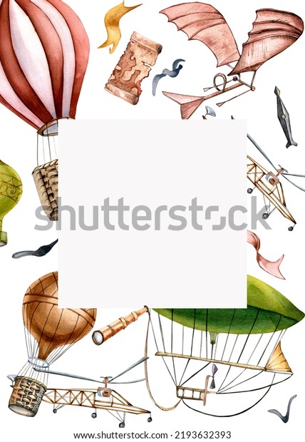 Frame of retro hot air balloons watercolor\
illustration isolated on white\
background.