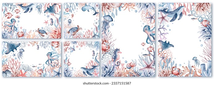 Frame with sea animals. Collection of underwater world frame templates. - Powered by Shutterstock