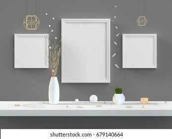 Frame Set Mockup With Golden Objects On Shelf 3D Illustration