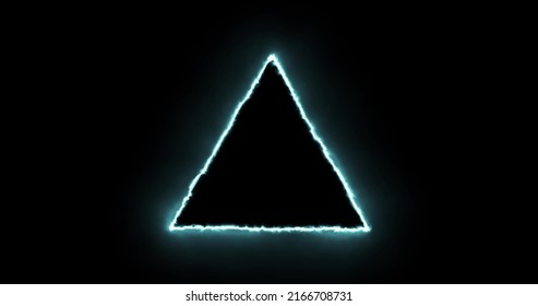 Frame In The Shape Of A Triangle, Light Neon Glow, Energy, Smoke, Footage Portal Abstract Technology Blue Cyan, Aquamarine 3d Triangle From Animated Particle Dots. Blend Mode, Geometric Background.