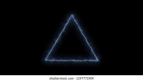 Frame In The Shape Of A Triangle, Light Neon Glow, Energy, Smoke, Footage Portal Abstract Technology Blue Cyan, Aquamarine 3d Triangle From Animated Particle Dots. Blend Mode, Geometric Background.