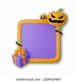 Frame Tag Pumpkin Purple And Orange Color Elements For Halloween. Emotional Smile Balloons With Scary, Evil On Their Faces. Realistic 3d Design Gift Box. Traditional Element Of Decor For Holiday