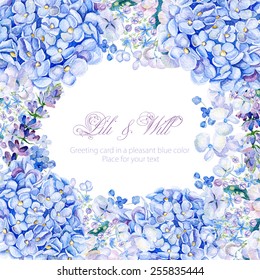 Frame Of Watercolor Blue Hydrangea, Lavender. Vintage Floral Greeting Card.