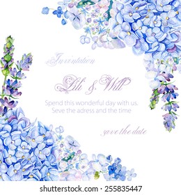 Frame Of Watercolor Blue Hydrangea, Lavender. Vintage Floral Greeting Card.