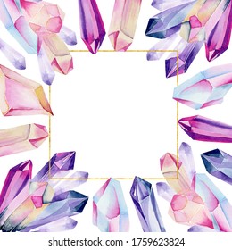 Frame Of Watercolor Gemstones And Crystals In Pink And Purlpe Colors On A White Background, For Invitation Or Greeting Card Design