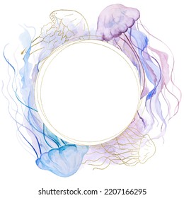 Frame With Watercolor Golden, Pink And Light Purple Jellyfishes, Isolated Element. Underwater Illustration For Beach Party Decor,  Nautical Sea Wedding Design And Greeting, Space For Text