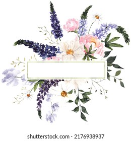 Frame With Watercolor Wildflowers And Herbs, Isolated On White Background