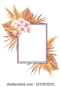 Frame For Wedding Invitations With Pampas Grass And Palm Leaves, Watercolor Hand Draw Floral Element On White Background