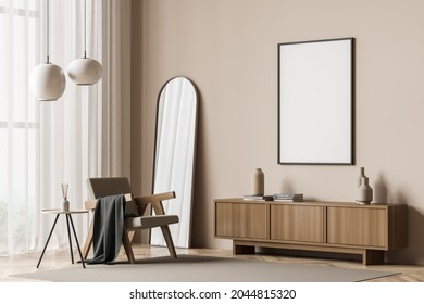Framed canvas in the living room with an easy armchair, a coffee table, a sideboard, a mirror, beige walls and parquet flooring. A concept of a mockup for your artwork. 3d rendering