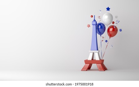 France 14 July, Happy Bastille Day decoration background with eiffel tower balloon confetti copy space text, 3D rendering illustration - Powered by Shutterstock