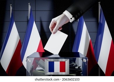 France flags, hand dropping ballot card into a box - voting, election concept - 3D illustration