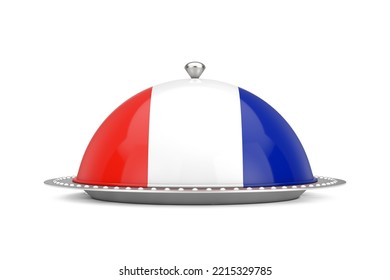 France Food Concept. Silver Plate And Food Cover Restaurant Cloche With French Flag On A White Background. 3d Rendering 