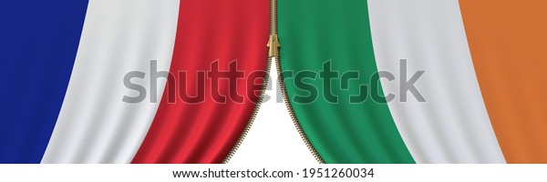 France and\
ireland political cooperation or conflict, flags and closing or\
opening zipper, conceptual  3D\
rendering