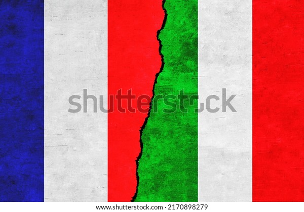 France and\
Italy painted flags on a wall with a crack. Italy and France\
relations. France and Italy flags\
together