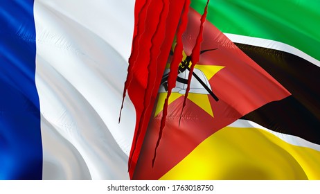 France And Mozambique Flags With Scar Concept. Waving Flag,3D Rendering. France And Mozambique Conflict Concept. France Mozambique Relations Concept. Flag Of France And Mozambique Crisis,war, Attack
