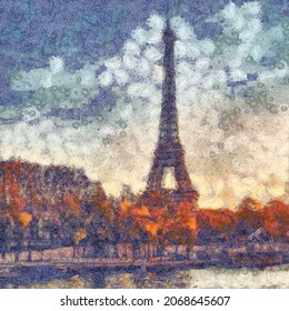 France, Paris Painting Art. Big Sie, Adaptive For Print Or Graphic Work. Postcard, Poster, Wall Art Template. Stylized In Vincent Van Gogh Paintings Style. Europe Touristic Place. Traveling Artwork.