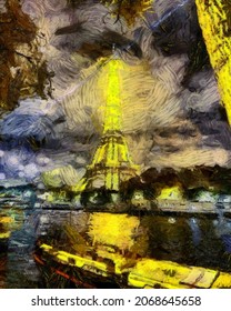 France, Paris Painting Art. Big Sie, Adaptive For Print Or Graphic Work. Postcard, Poster, Wall Art Template. Stylized In Vincent Van Gogh Paintings Style. Europe Touristic Place. Traveling Artwork.