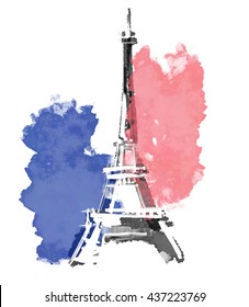 France, Paris urban sketch. Eiffel tower illustration on white background with flag.. Architectural drawing of historical building. Watercolor, digital painting.