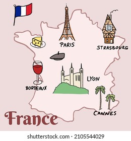 France Pictorial Map - Paris, Lyon, Cannes, Strasbourg, Cheese, Wine And Beret.