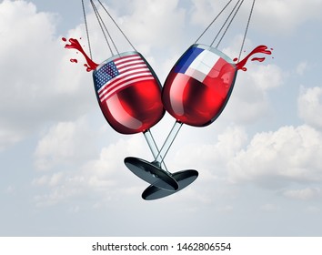 France USA Wine Tariff Trade War And American Tariffs Global Trade Dispute As Two Opposing Glasses With Wines As French Tax Economic Conflict Over Import And Exports As A 3D Illustration.